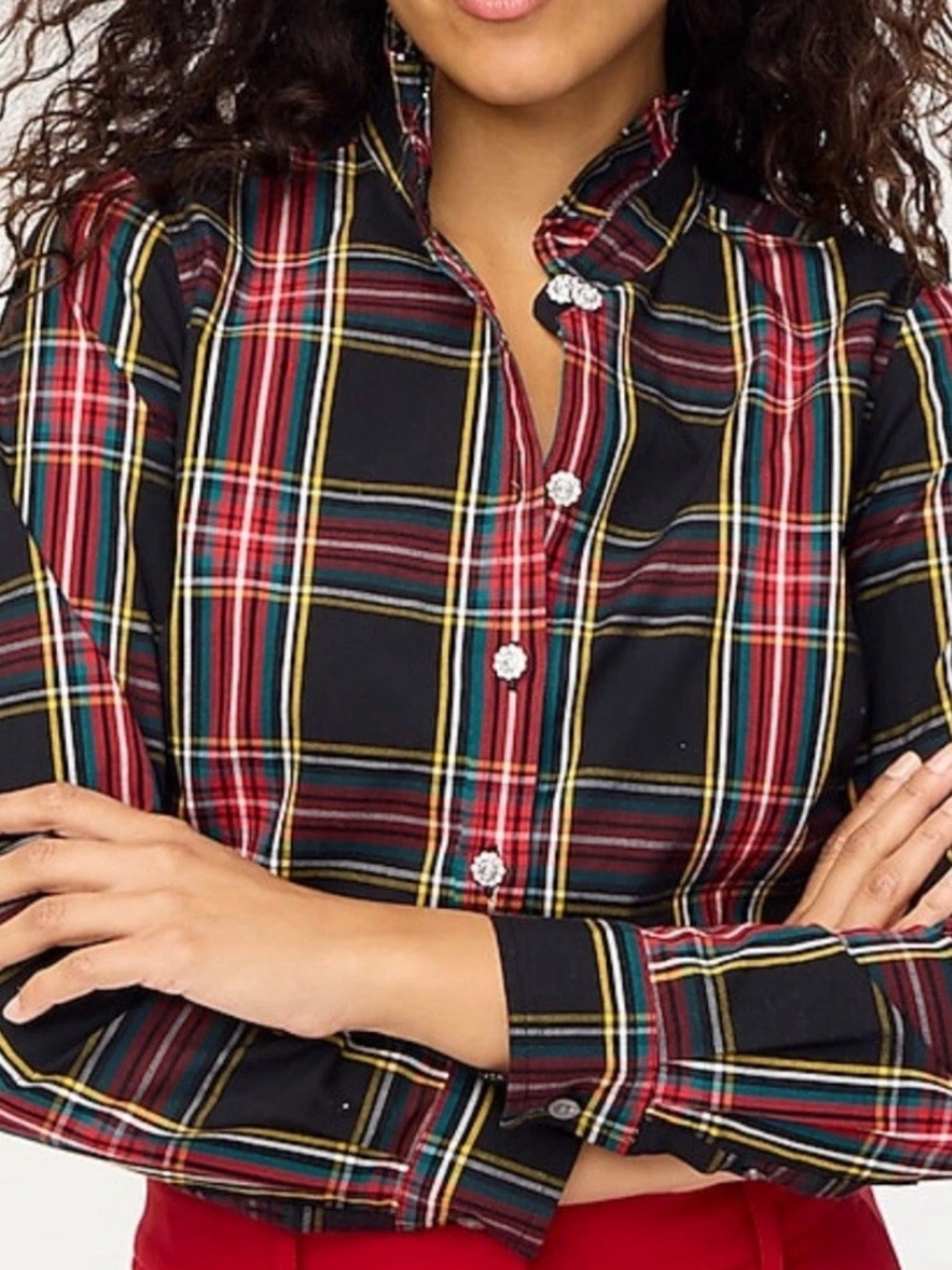 J.Crew Ruffle Plaid Feminine Blouse With Rhinestone Buttons Size L
